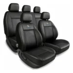 Funda Para Butacas Cuerina "Classic" Gruesa importada Jgo completa Universal 2 but.+ asiento/respaldo entero Color Negro/Negro Logo Peugeot Cod. CE-01-PEUG-N